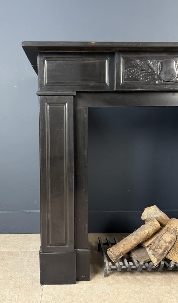 Antique Circular Fireplace in Black Marble with Leaf Ornament