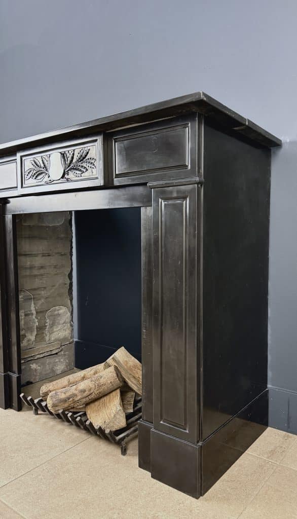 Antique Circular Fireplace in Black Marble with Leaf Ornament