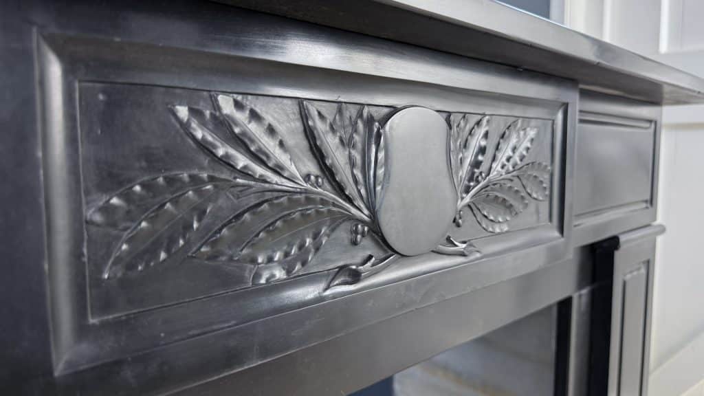 Antique Circular Fireplace in Black Marble with Leaf Ornament