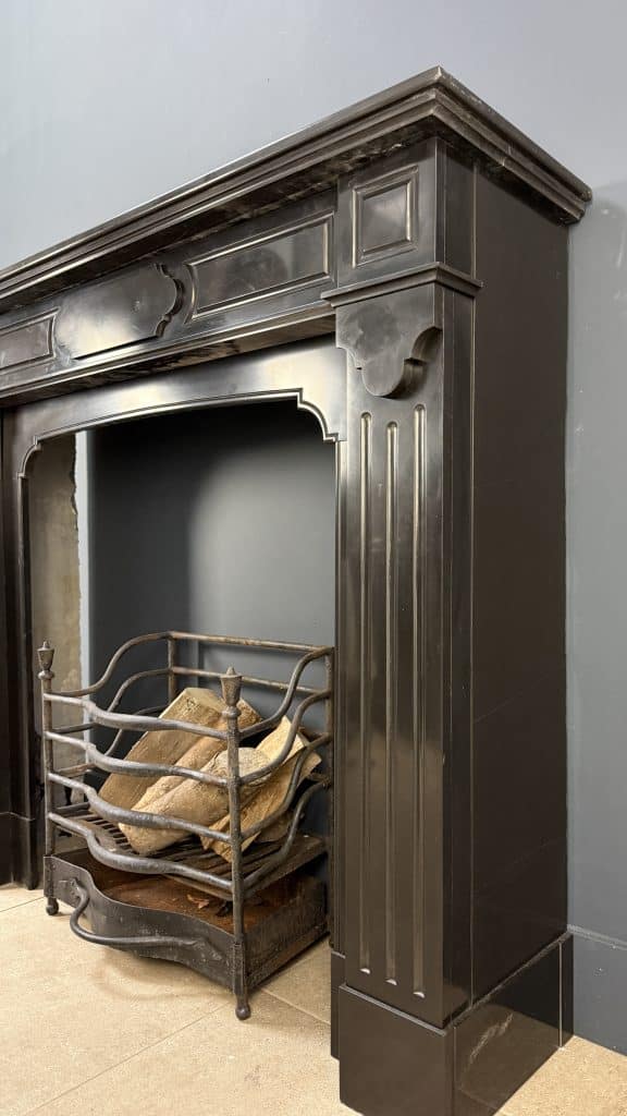 Antique Front Fireplace in Black Marble with Layered Mantel Shelf