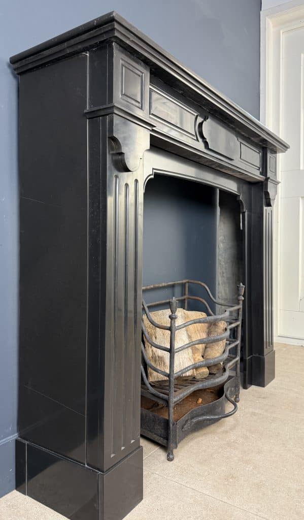 Antique Front Fireplace in Black Marble with Layered Mantel Shelf