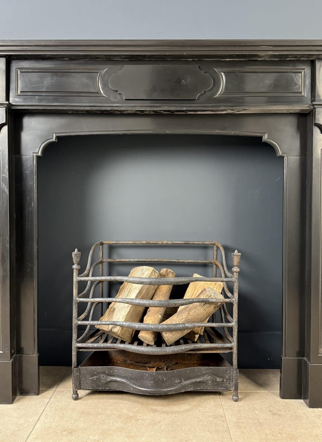 Antique Front Fireplace in Black Marble with Layered Mantel Shelf — detail 1