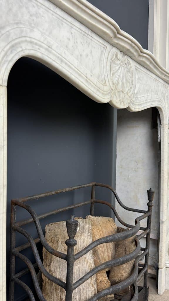 French Marble Fireplace with 45° Consoles and Shell Ornament