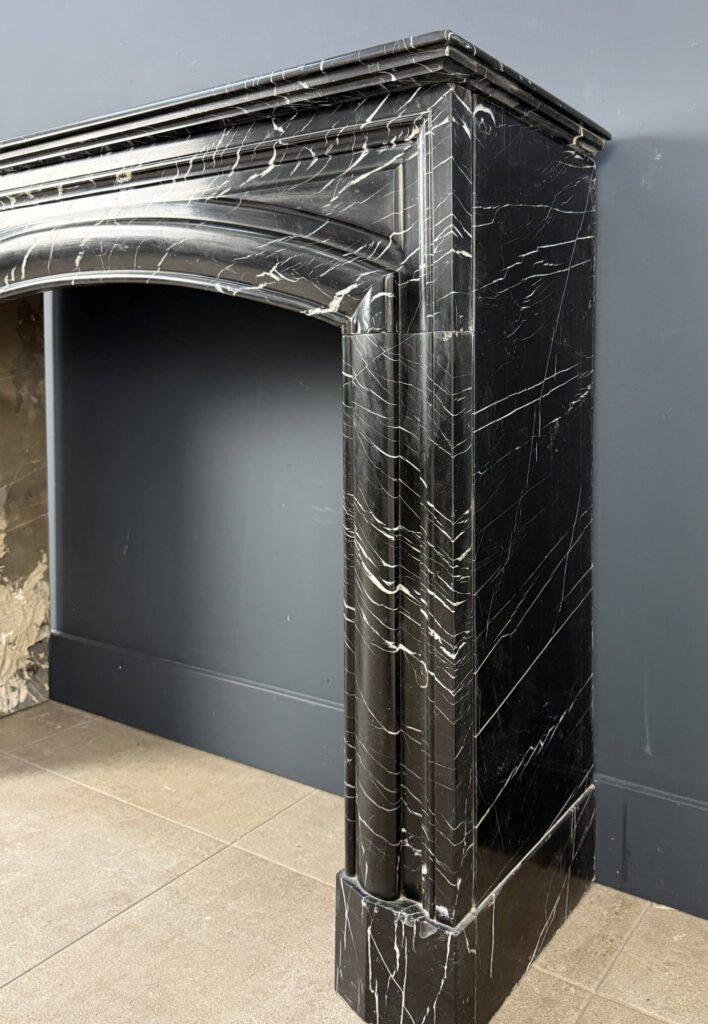 Sleek Antique Art Deco Front Fireplace in Nero Marquina Marble