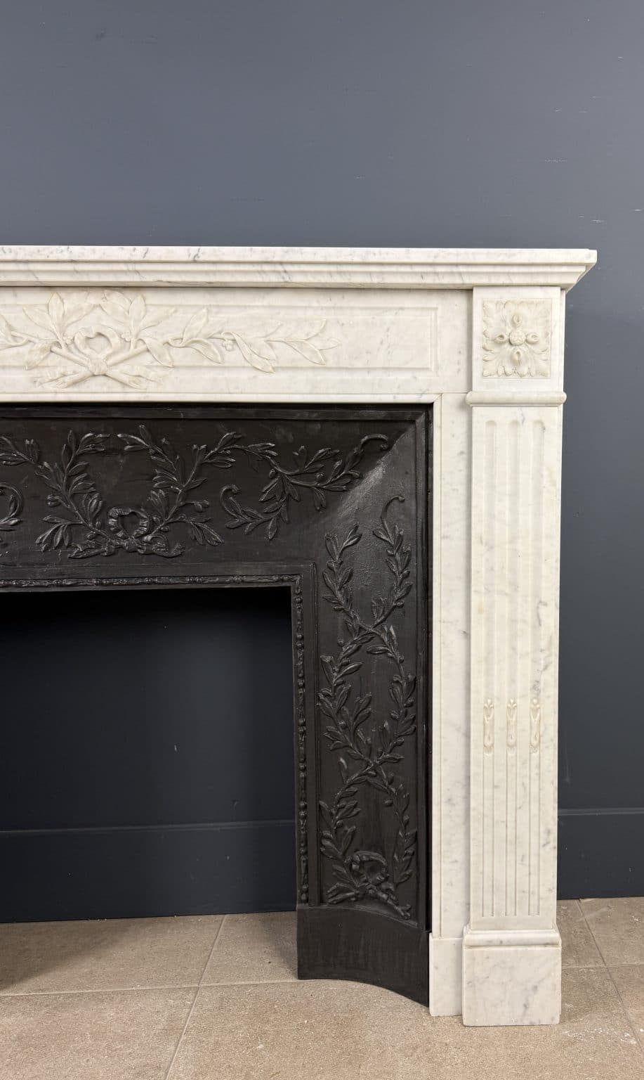 Luxury French Antique Front Shell Fireplace in White Carrara Marble — detail 2