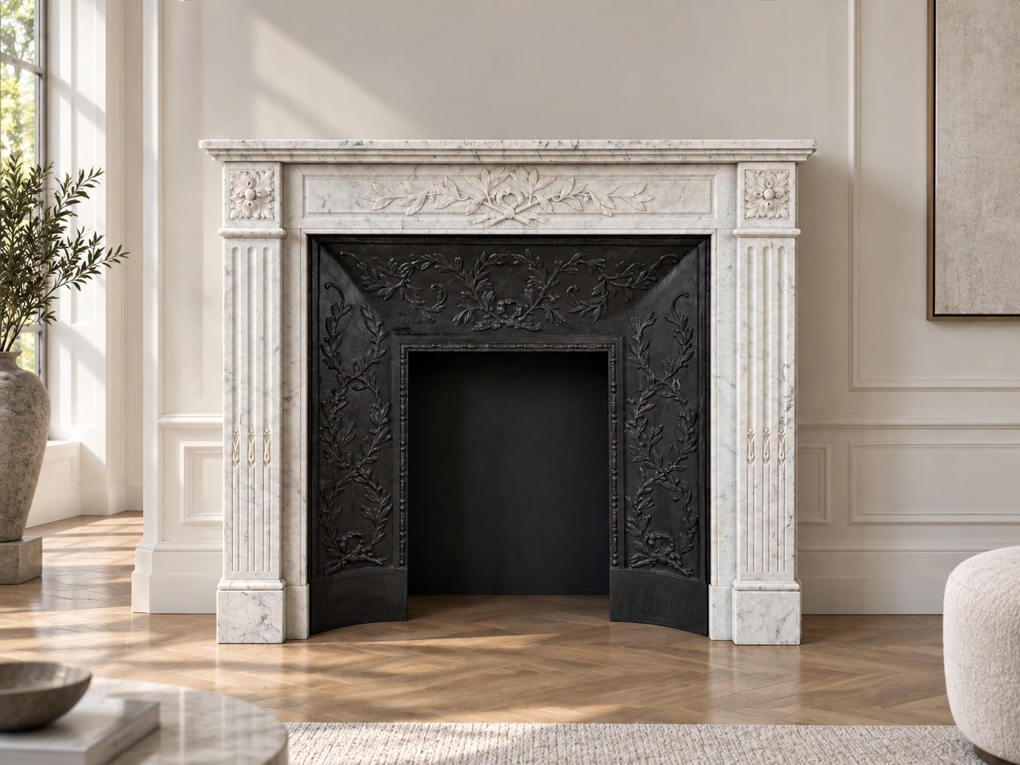 Luxury French Antique Front Shell Fireplace in White Carrara Marble